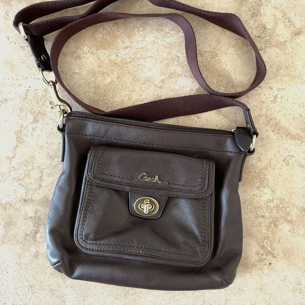 COACH Dark Brown Leather Turn Lock POCKET SWINGPACK Crossbody